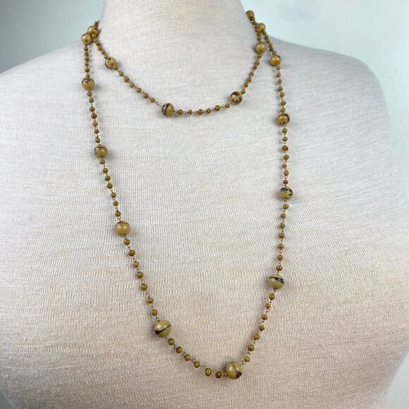 Vintage Art Deco Long End of Day Glass Bead Chain Necklace Beige 54"